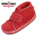 Red Suede Minnetonka Front Strap Bootie